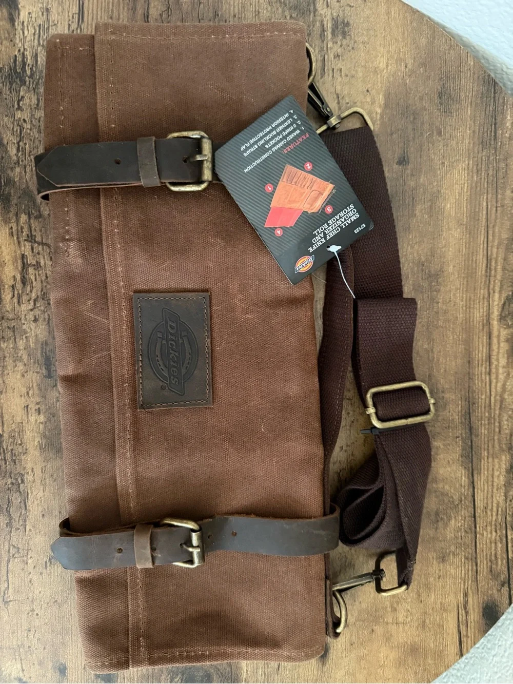 Dickies Brown Canvas Roll-Up Chef Knife Organizer and Storage Roll Leather Strap